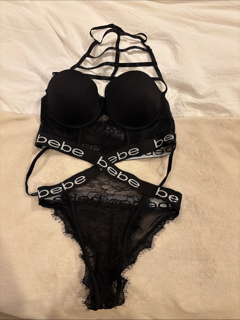 bebe Black Strappy Lace Bralette & Logo Waistband Bikini Sz m medium